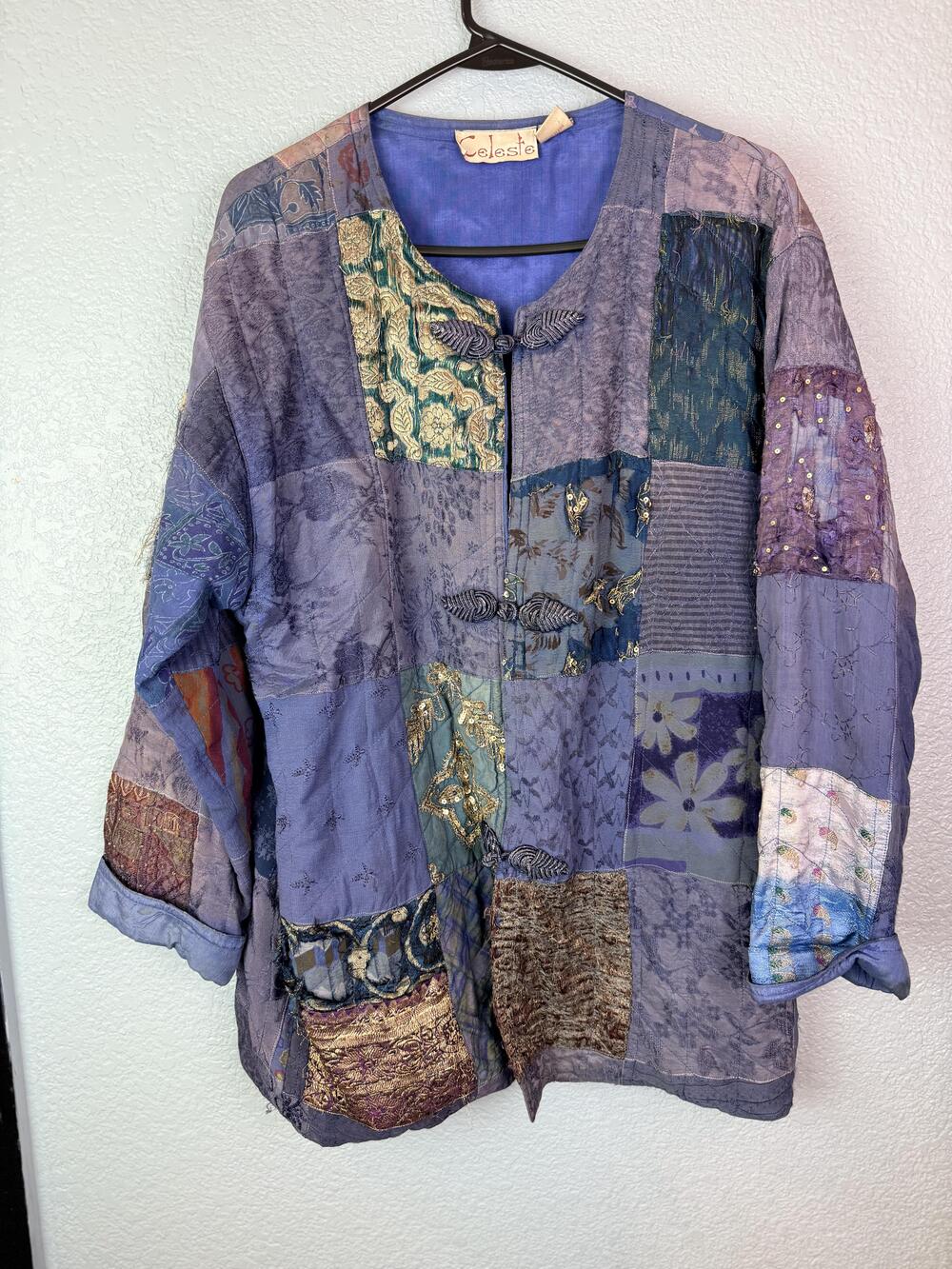 Celeste Jacket Womens S M Purple Blue Silk Rayon Patchwork Quilted Boho Artsy